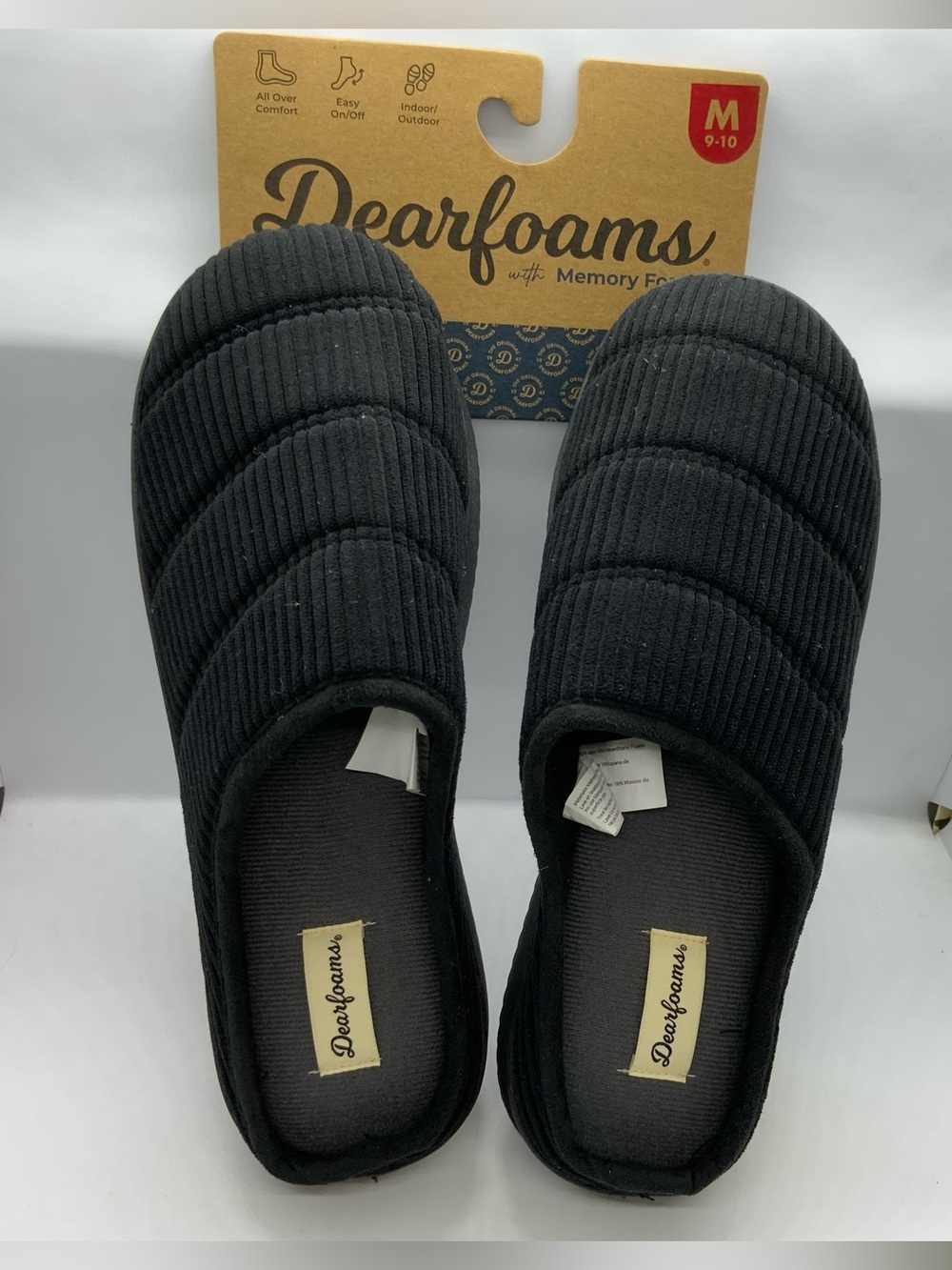 dearfoams Men's Black Quilted Corduroy Memory Foam Slip-On Slippers